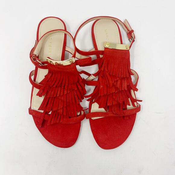 Marc Fisher 6 Red Suede Leather Charm Tiered Fringe Strappy Sandals Flat Ankle - Picture 2 of 10